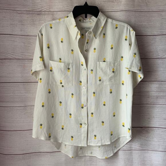 Rae Dunn Women's Linen Pineapple Print Button Up Shirt Short Sleeve Collar Large - Picture 2 of 16